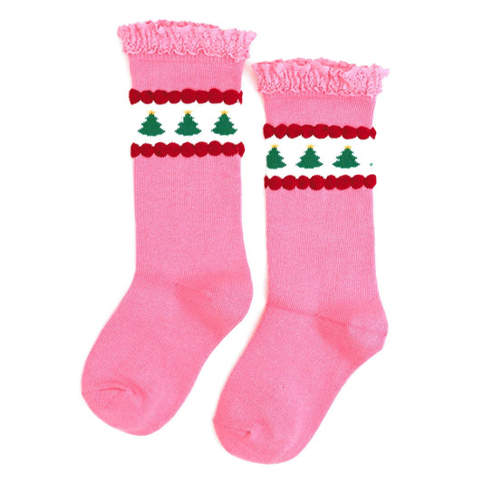 Pink Tree Lace Top Knee High Socks: 0-6 MONTHS