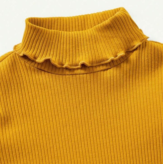 Mustard Ruffle Neck Ribbed Shirt
