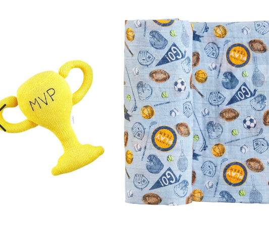 Sports Swaddle and Rattle Set