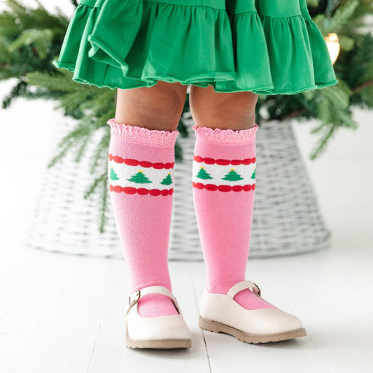 Pink Tree Lace Top Knee High Socks: 0-6 MONTHS