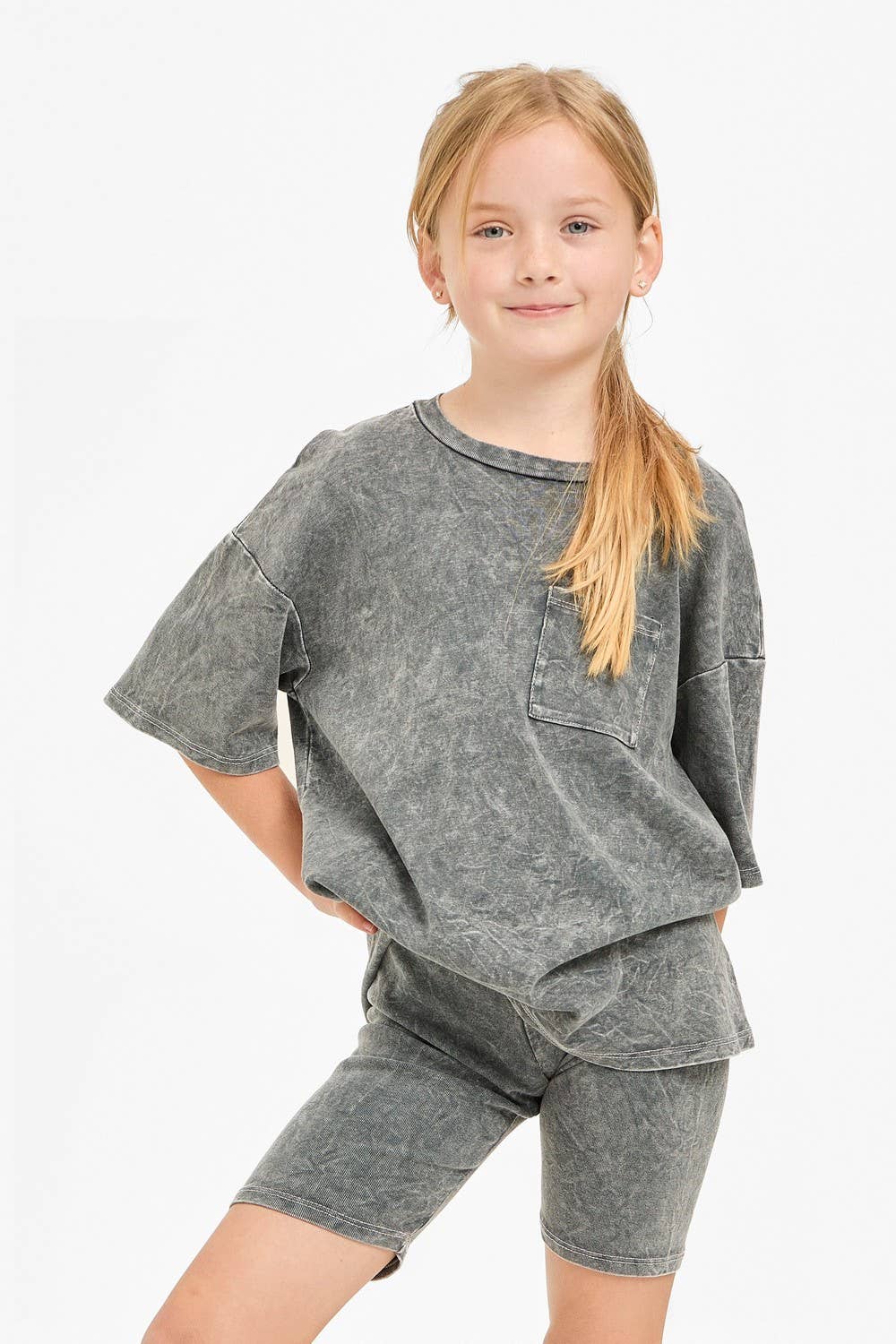 Mineral Washed Top and Biker Shorts 2piece Matching Set: Charcoal