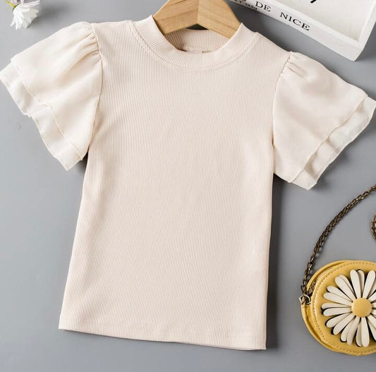 Girls Cream Tiered Butterfly Sleeve Rib-Knit Tee