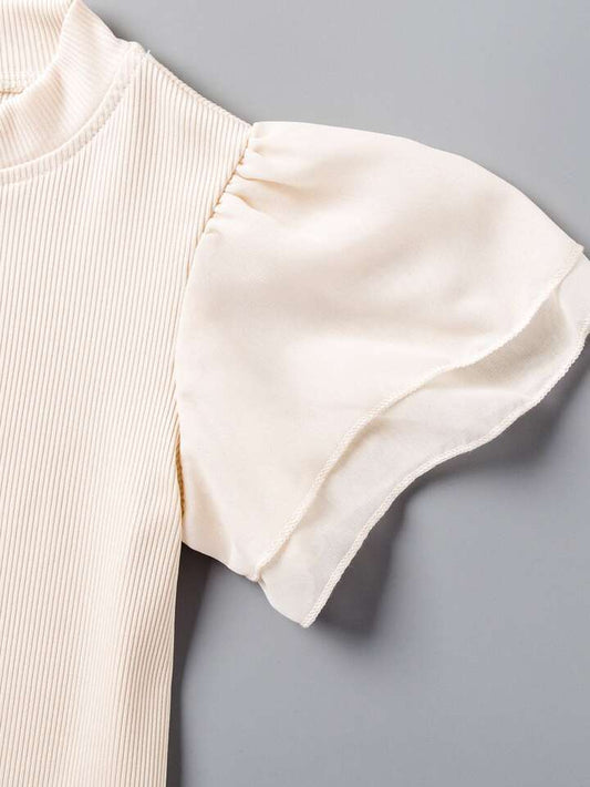 Girls Cream Tiered Butterfly Sleeve Rib-Knit Tee