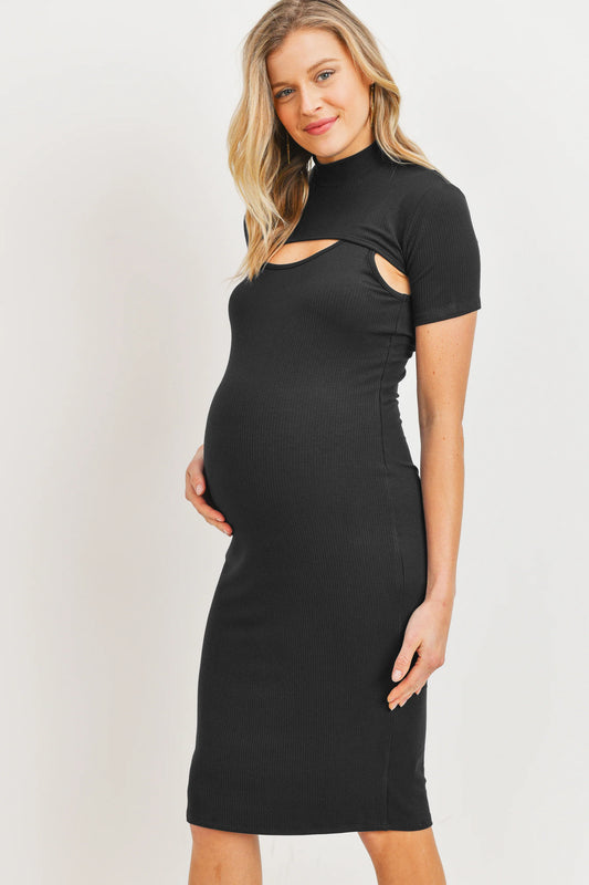 Midi Solid Maternity Ribbed Dress - 2 Piece