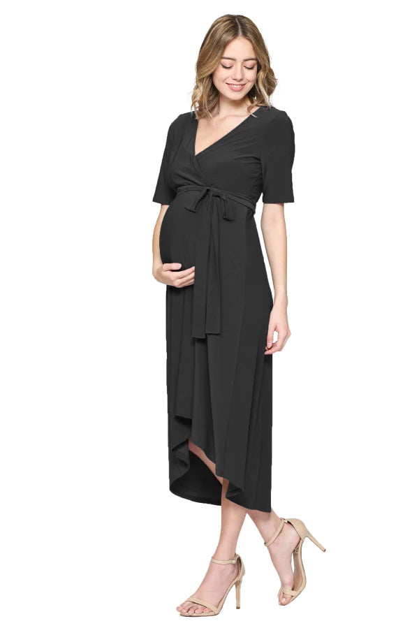 Solid Tie Waist High-Low Maternity/Nursing Dress