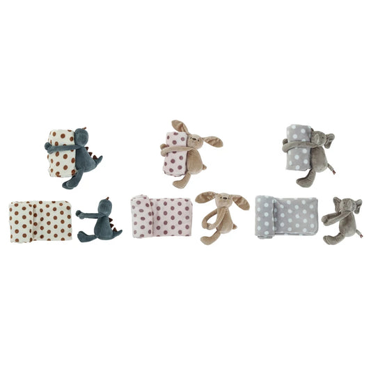 Plush Animal with Soft Polka Dot Blanket