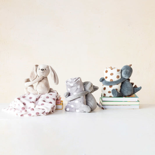 Plush Animal with Soft Polka Dot Blanket