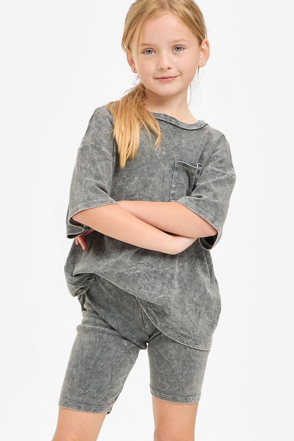 Mineral Washed Top and Biker Shorts 2piece Matching Set: Charcoal