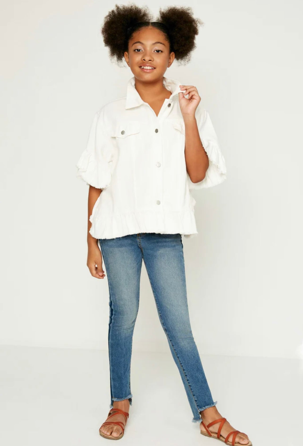 Ruffle Stone Wash Denim Jacket