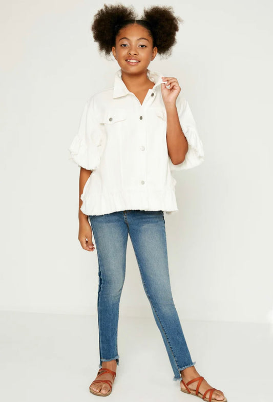 Ruffle Stone Wash Denim Jacket