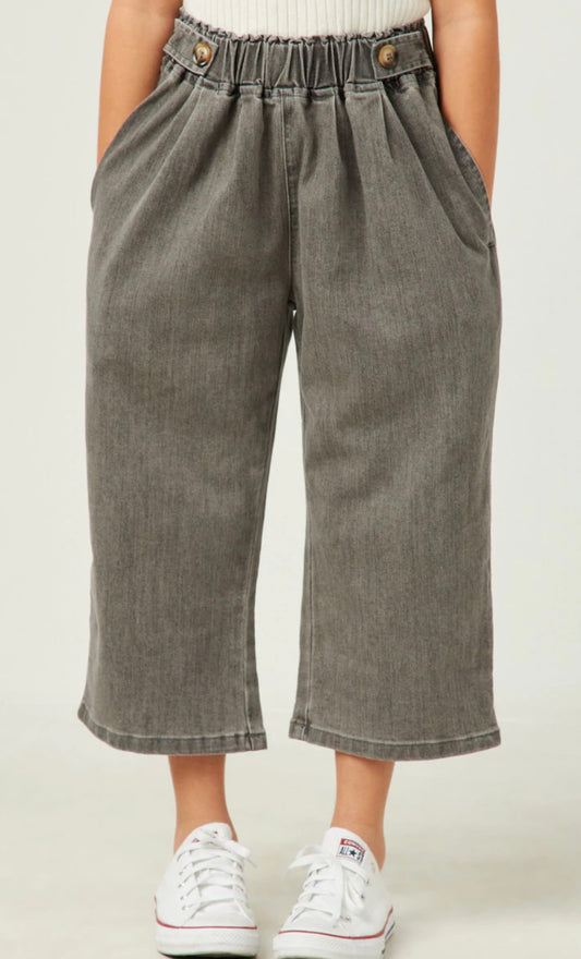 Girls Button Detail Wide Leg Denim Pants