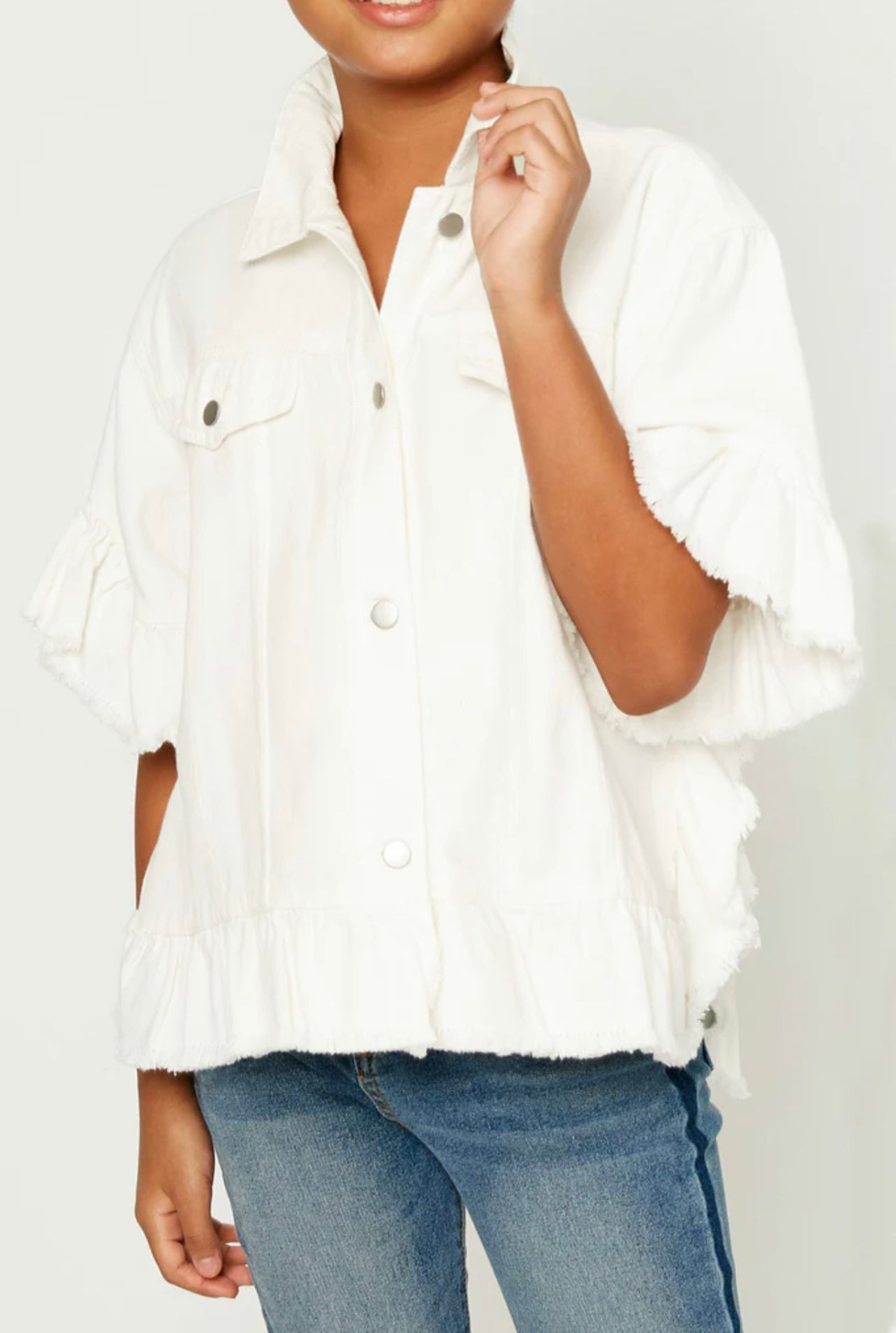 Ruffle Stone Wash Denim Jacket